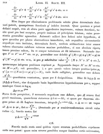 La densité de la loi normale apparaît page 212 de l'ouvrage de Gauss, Theoria motus corporum, 1809.