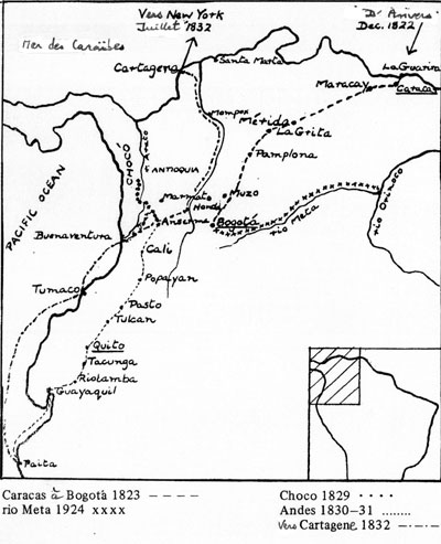Carte 1 :  Expéditions de Boussingault en Amérique du Sud (1822-1832) (D’après Frederick W. J. McCosh, Boussingault. Chemist and Agriculturist, Reidel, 1984)