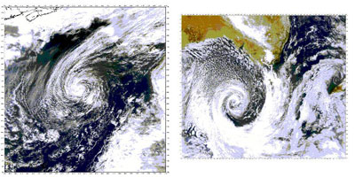 Figure 1 : (à gauche) Cyclone dans l’hémisphère nord (sens inverse des aiguilles d’une montre) : ouragan Olga le 28 novembre 2001 dans l’Atlantique ; (à droite) Cyclone dans l’hémisphère sud (sens des aiguilles d’une montre) : Australie le 20 février 2002 – on reconnaît la côte sud de l’Australie (images NASA)