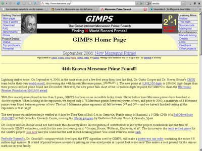La page d’accueil (en 2006) du site GIMPS (Great Internet Mersenne Prime Search)