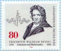 Figure 2 : Timbre allemand émis en 1984 à l’occasion du bicentenaire de la naissance de Wilhelm Bessel (1784-1846). À gauche, on reconnaît les deux premières fonctions de Bessel, JO (paire) et J1 (impaire). Image J. Miller, site Images of Mathematicians on Postage Stamps.