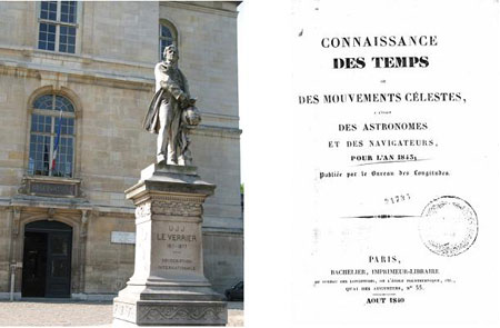 Figure 2 : (à g.) Statue de Le Verrier, devant l'Observatoire de Paris (Henri Chapu, 1889); (à dr.) Le recueil Connaissance des Temps où fut publié l'article « jumeau ».