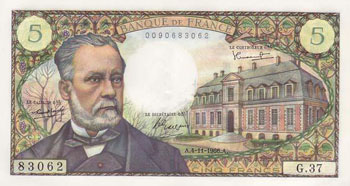 Figure 2 : Le billet de 5 FF, mis en circulation en 1966. Pasteur est le seul savant en effigie d’un billet de banque français, avec Marie Curie sur le billet de 500FF mis en circulation en 1994. On reconnaît le bâtiment d’origine de l’Institut Pasteur (fondé en 1985 à Paris XV°), toujours existant.