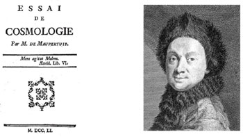 Figure 2 : (à d.) Pierre-Louis Moreau de Maupertuis (1698-1759) ; (à g.) son Essai de Cosmologie (la première édition est datée de 1750).