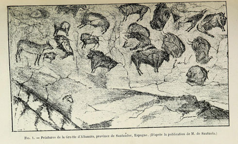 Figures 2 et 3 :  Relevé du plafond polychrome d’Altamira publié par Sanz de Sautuola en 1880 (in Cartailhac, « La grotte d'Altamira. 