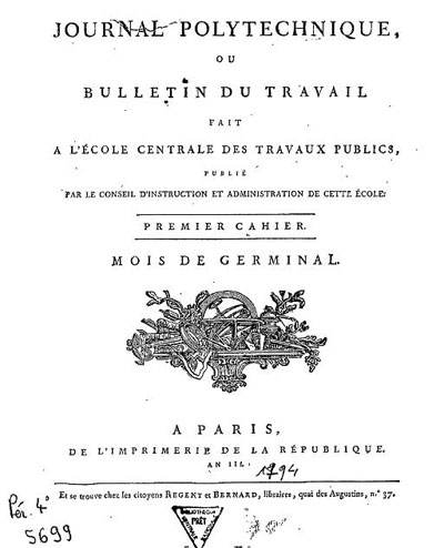 Figure 3 : Couverture du premier numéro du Journal de l’École polytechnique (il ne prendra ce nom que lors du deuxième volume), Germinal an III (avril 1795) (numérisation BnF)