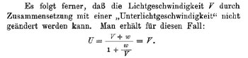 Figure 3 : Théorème d’addition des vitesses d’Einstein. Il s’agit ici d’extraits de l’article original de 1905 d’Einstein sur la relativité restreinte (