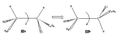 Figure 4 : Conformations d’une même molécule. À l’inverse de I et II qui sont deux molécules différentes, ici la même molécule, III, peut adopter différentes géométries, comme IIIa et IIIb.