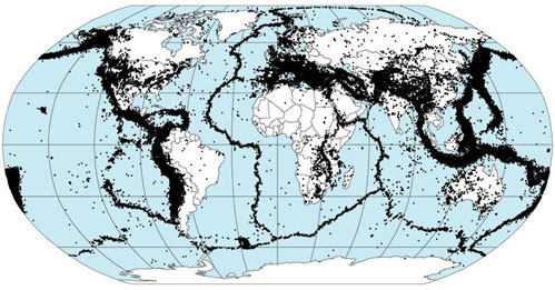 distribution des épicentres de séismes, période 1963-1998, 358 000 secousses (source NASA – projet DTAM Digital Tectonic Activity Map)