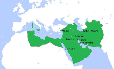 Fig. 5 : Les régions citées par al-Djâhiz situées sur la carte de l’empire abbasside (750-1258) (image de base WikiCommons auteur Gabagool). Les villes de Kufa, Basra et Mossul ; les régions du Hidjâz et du Khurasân.