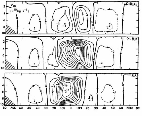 Figure 5 : Lignes de courant de la circulation méridienne de l’atmosphère terrestre, moyennée en longitude. Coordonnée horizontale : latitude (degrés). Coordonnée verticale : pression (unité : 104 Pa) (l’unité portée sur les isolignes est une mesure de la fonction de courant, ce qui signifie que la vitesse du mouvement est inversement proportionnelle à l’écart entre ces isolignes) (image extraite de Peixoto and Oort, The Physics of Climate, Springer-Verlag, 1992)
