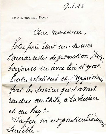 Figure 6 : Lettre du Maréchal Foch à Robert de Montessus, frère de Fernand, lors du décès de ce dernier, au Chili en 1923 (Fonds Robert de Montessus de Ballore, [1])