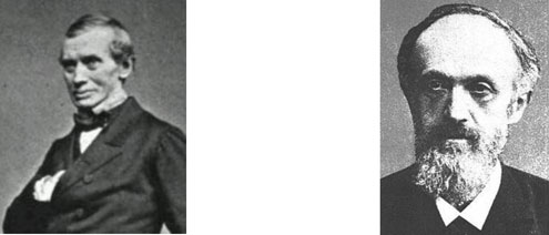 Figure 8 : Quelques savants sur la route de la compréhension de l’osmose au XIX<sup>e</sup> siècle. Après Porret et Dutrochet, voici en haut l’Anglais Thomas Graham (1805-1869) et  l’Allemand Moritz Traube (1826-1894)