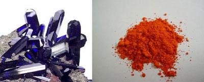 Figure 9 : À gauche, minerai d’azurite ; à droite, poudre de minium