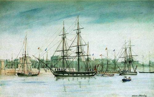 Figure 2: Le HMS Beagle, en 1841 en Australie. Aquarelle d’Owen Stanley (1811-1851), peintre et officier de marine. Ce navire fit trois voyages par le monde, dont le plus célèbre est le second (1831-1836), avec Darwin à son bord1 (image Wikipedia).