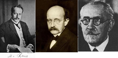 Figure 11 : Max von Laue (1879 - 1960), Max Planck (1858 – 1947), Paul Langevin (1872 - 1946). Trois physiciens de premier ordre qui soutinrent très tôt la théorie d’Einstein.