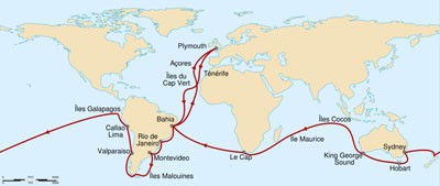 Figure 1 : Le voyage de Darwin sur le H.M.S Beagle (décembre 1831 – octobre 1836).