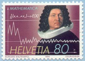 Figure 1: Timbre suisse à l’effigie de Jacques Bernoulli. Édité en 1994 à l’occasion du Congrès International des Mathématiciens, Zürich.