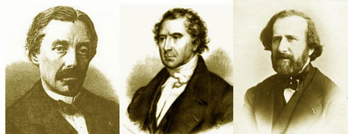 Figure 2 : de gauche à droite : Foucault (1819-1868), Arago (1784-1853), Fizeau (1819-1896). Le premier et le troisième vont se trouver en compétition pour réaliser l’expérience imaginée par le second.