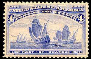 Figure 3 : Timbre des États-Unis d’Amérique (1892). Il représente notamment la Santa Maria, à l’occasion du 400e anniversaire de la découverte de Colomb.