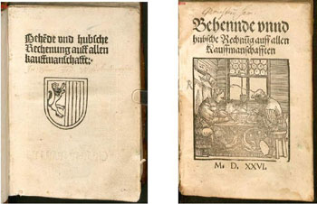 Figure 5 : Ouvrage de Widmann ; à g. page de garde de l’édition originale, Leipzig 1489 (pour mémoire, les premiers ouvrages imprimés par Gutenberg datent de 1452 à 1455); à dr. page de garde, illustrée, de l’édition d’Augsburg 1526 (images MDZ, Bayerische StaatsBibliothek, lien).