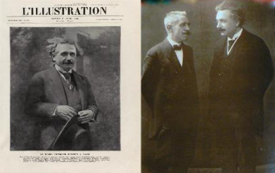 Figure 3 : (à g.) Couverture de L’Illustration du samedi 1er avril 1922 lors de la visite d’Einstein à Paris, avril 1922 ; (à dr.) Paul Langevin et Einstein au cours de cette visite.