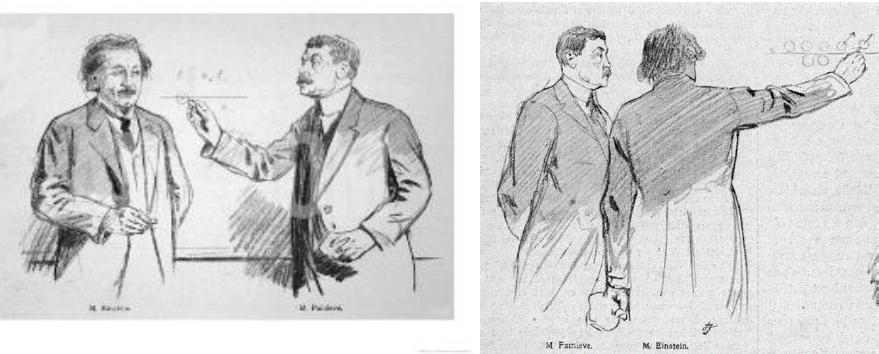 Figure 5 : Einstein et Painlevé (dessins L’Illustration à gauche, Lucien Jonas à droite).